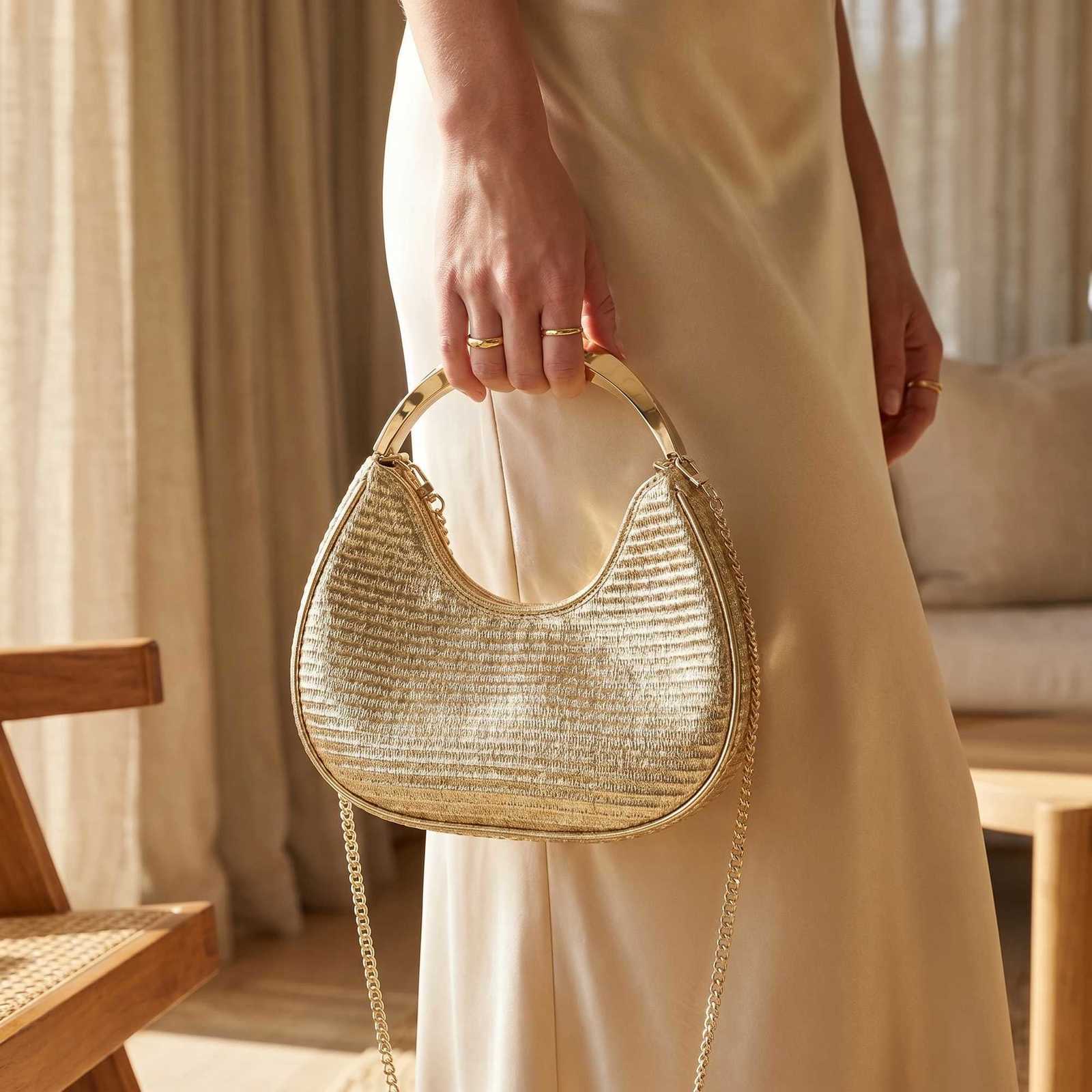 Evening Bags Women Golden Textured Hobo Bag Metal Top Handle Evening Clutch Bag Detachable Crossbody Chain Strap Party Wedding Handbag H261016
