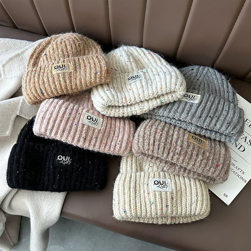 Women's autumn and winter warm earcovering beanie with letter logo colorful dots fleecelined thickened windproof versatile cold weather hat