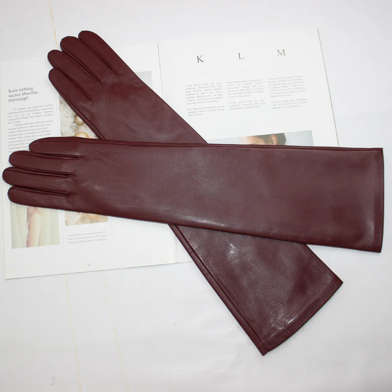 Womens Long Sheepskin Gloves Solid Color Versatile Warm Velvet Lining Winter Genuine Leather Gloves 261017