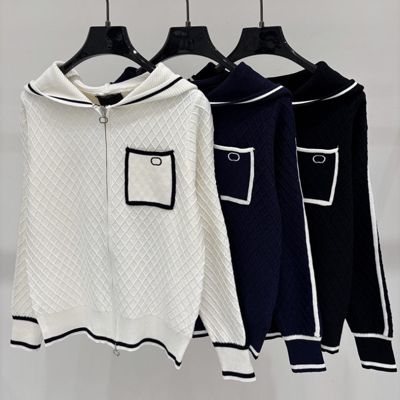 Women Hooded College Style Jacket Knitted Zipper Solid Striped Pockets Minimalist Cardigan Autumn Couple Commute Weekend Cardigans