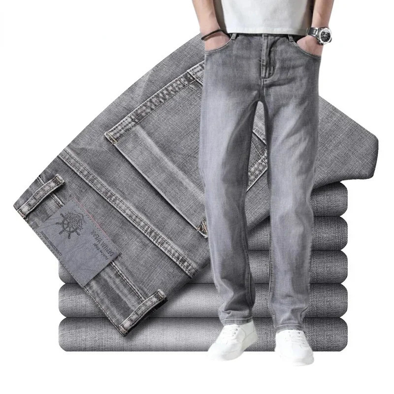 2026 Cotton Stretch Jeans Business Casual Mens Thin Denim Grey Spring Summer Fit Straight Lightweight 261017