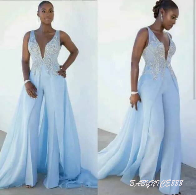 Light Sky Blue Women Jumpsuit Evening Dresses With Overskirt Deep V Neck Lace Appliqued Elegant Formal Party Gowns Long A Line Prom Dress Sleeveless