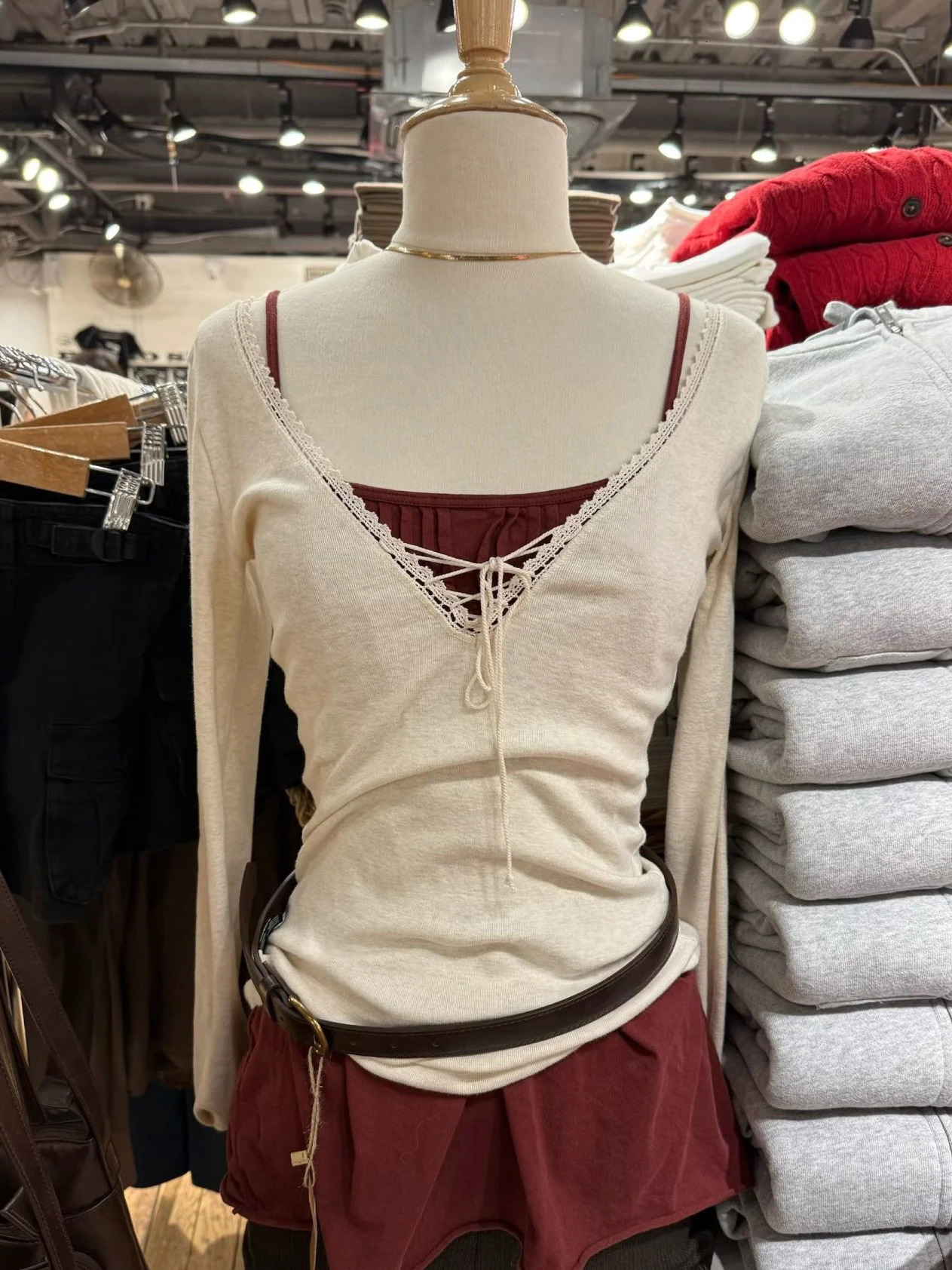 Bandage Lace Trim Long Sleeve T-shirt Autumn Sexy V-neck Cotton Slim Tshirt Top Female Casual Simple Solid Elegant Woman's Tees 261014