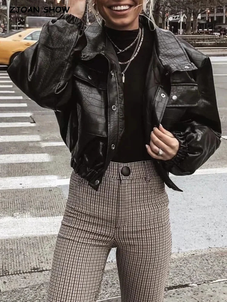 Y2K Plaid Embossing PU Leather Jacket With Quilted Lining Long Sleeve Cropped Coat Loose Short Outwear Black 261016