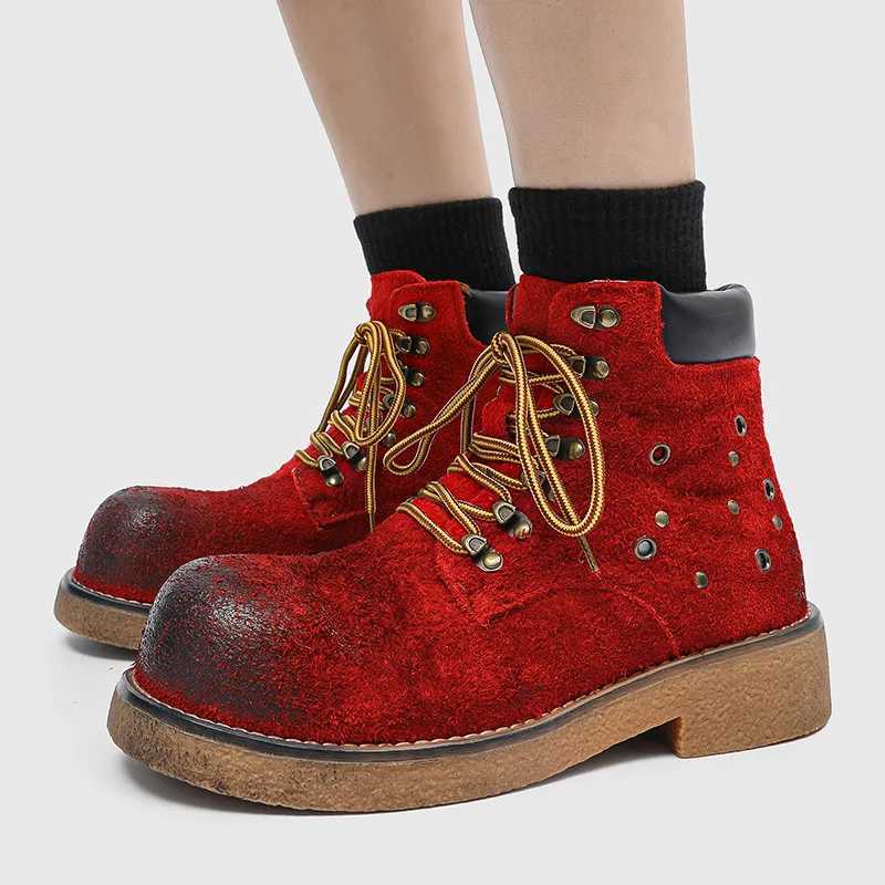 High-end Design Platform Men's Suede Leather Boots Height-increasing Ankle Boots Round Toe Lace Up Men High Top Casual Shoes Q261015