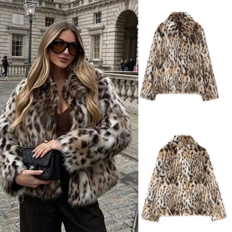 Guobioziy Ladies 2026 Autumn and Winter Leopard Print Faux Fur Short Jacket High Collar Loose Fit Slimming Artificial Long Hair 261016
