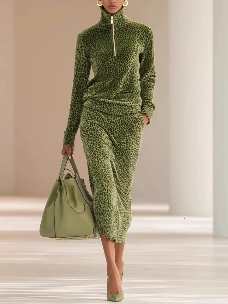 Women Leopard Print Velvet 2 Piece Set Stand Collar Half Zip Long Sleeve Top Midi Skirt Suit Elegant Autumn Winter Outfit 261016