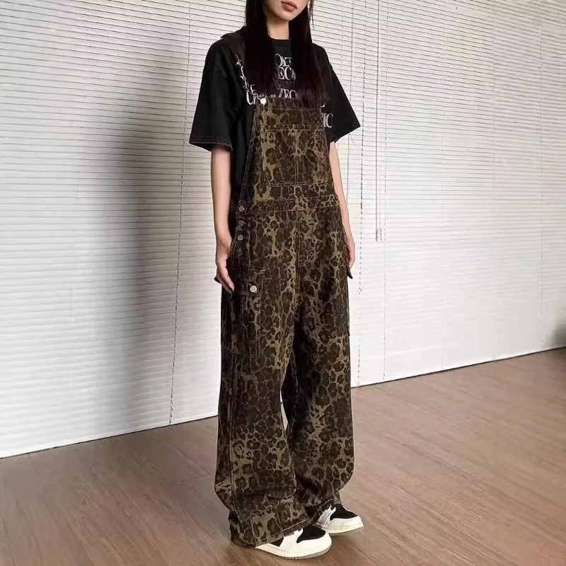 2026 women clothing leopard print denim overalls autumn winter loose denim wide-leg pants female casual denim jumpsuit trend 261015