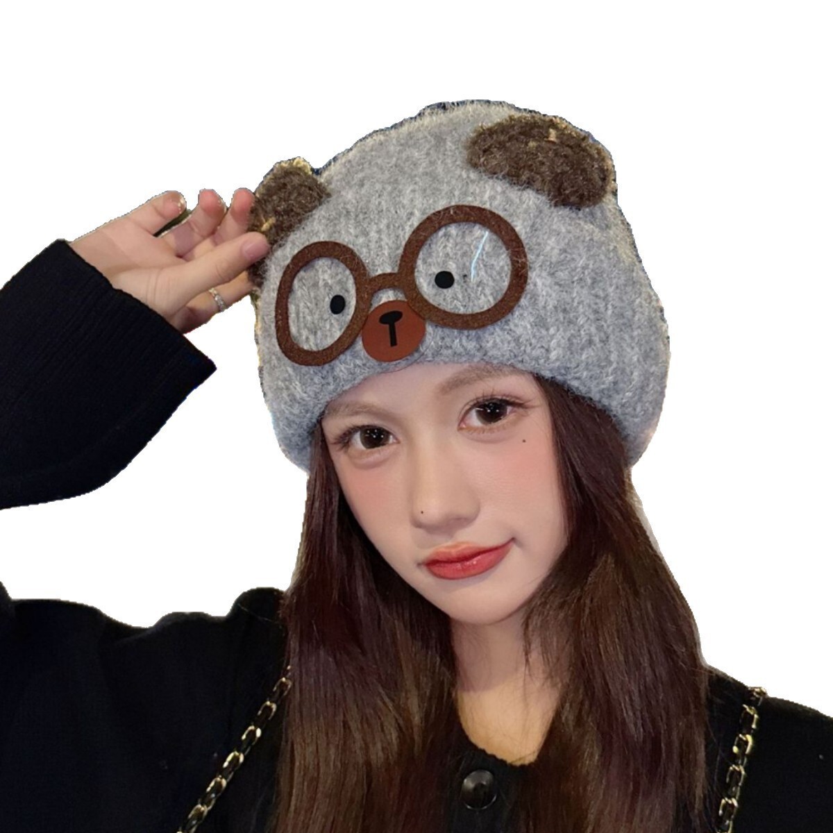 for Women Autumn Winter Japanese Style Cute Glasses Plush Outdoor Travel Fashion Versatile Warm Cold-Proof Pullover Hat