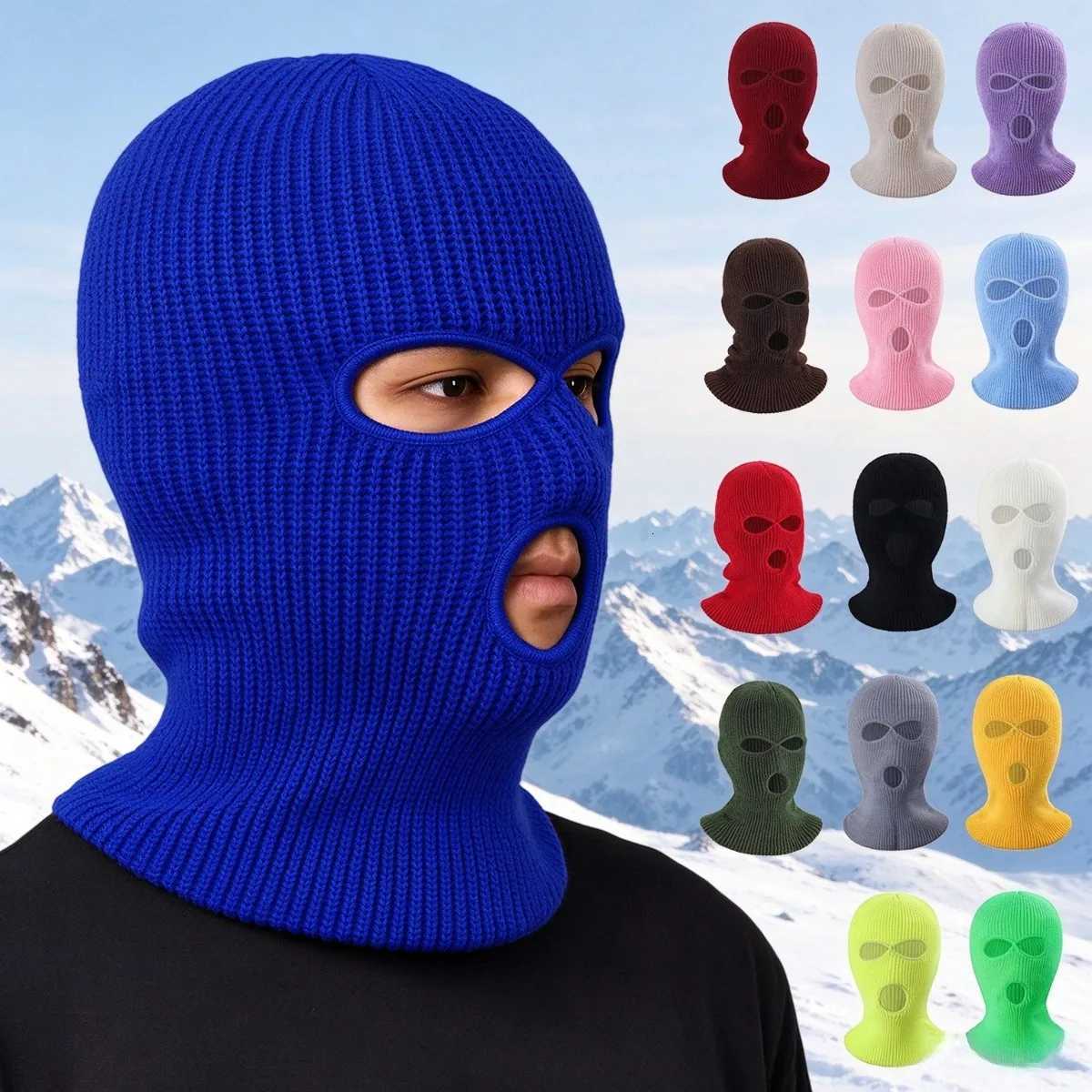Beanie/Skull Caps Solid Color 3 Holes Full Face Knitted Hat Men's Women's Winter Hat Warm Cover Ski Mask Hat Balaclava Windproof Beanies B