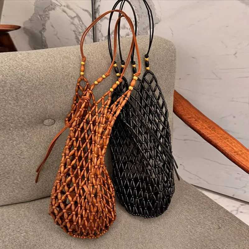 Evening Bags Women Woven Hand Bag Summer Design Hollow-out Wooden Bead Tote Bucket Shoulder Bag Female Reticulate Netted Canvas Beach Handbag H26101