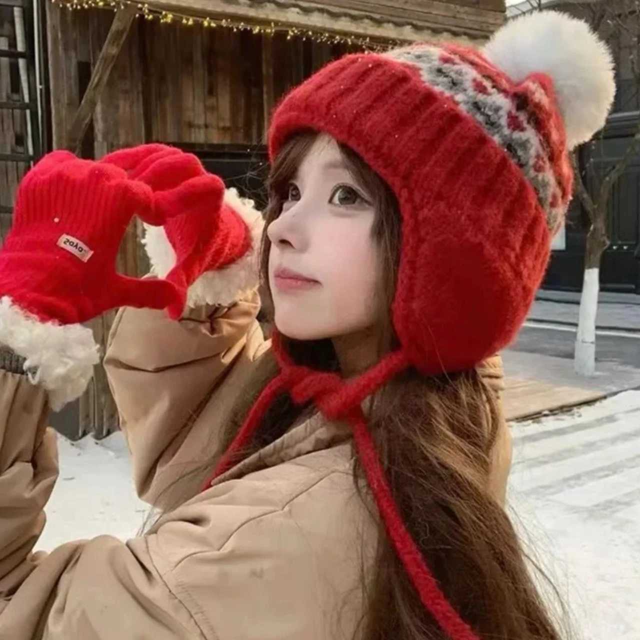 Fair Isle Style Knitted Hat for Women Ethnic Jacquard Winter Warm Ear Protection Cap Girls Anti-cold Snow Ski Earmuffs Bonnet S261017NK3K
