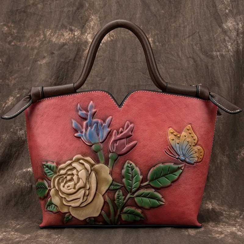 Evening Bags Small Ladies Genuine Leather Tote Bag Vintage Floral Shoulder Bags For Women 2024 New Handmade Cow Leather Handbag Female H261016