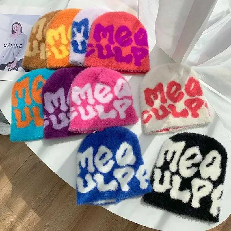 Beanie/Skull Caps 2025 Newest Y2K Unisex Warm Beanie Hat Plush Letters Jacquard Rabbit Fur Cashmere Skullies Ins Soft Fuzzy Personality Beanie HatT2