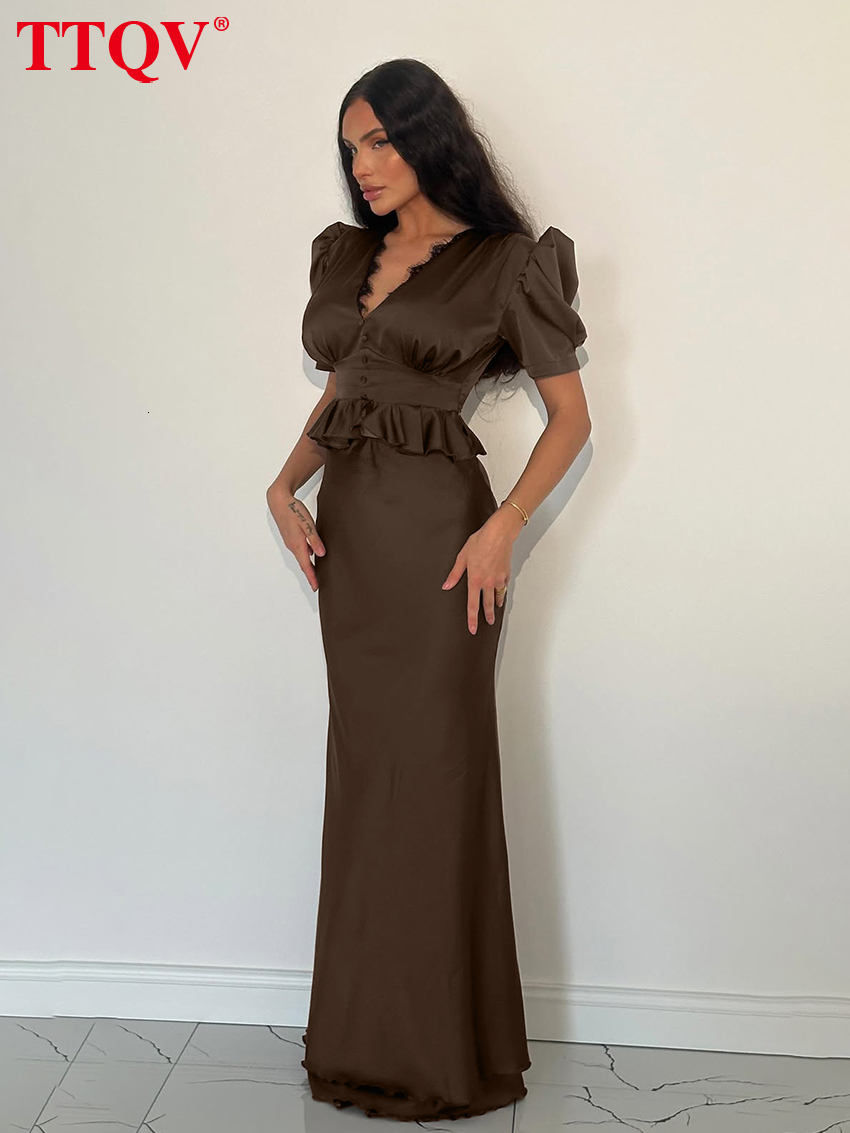 Summer Slim Brown Satin Women's Two Pieces 2026 Sexy Short Sleeve Shirt With High Waist Maxi Skirt Set Female Clothing