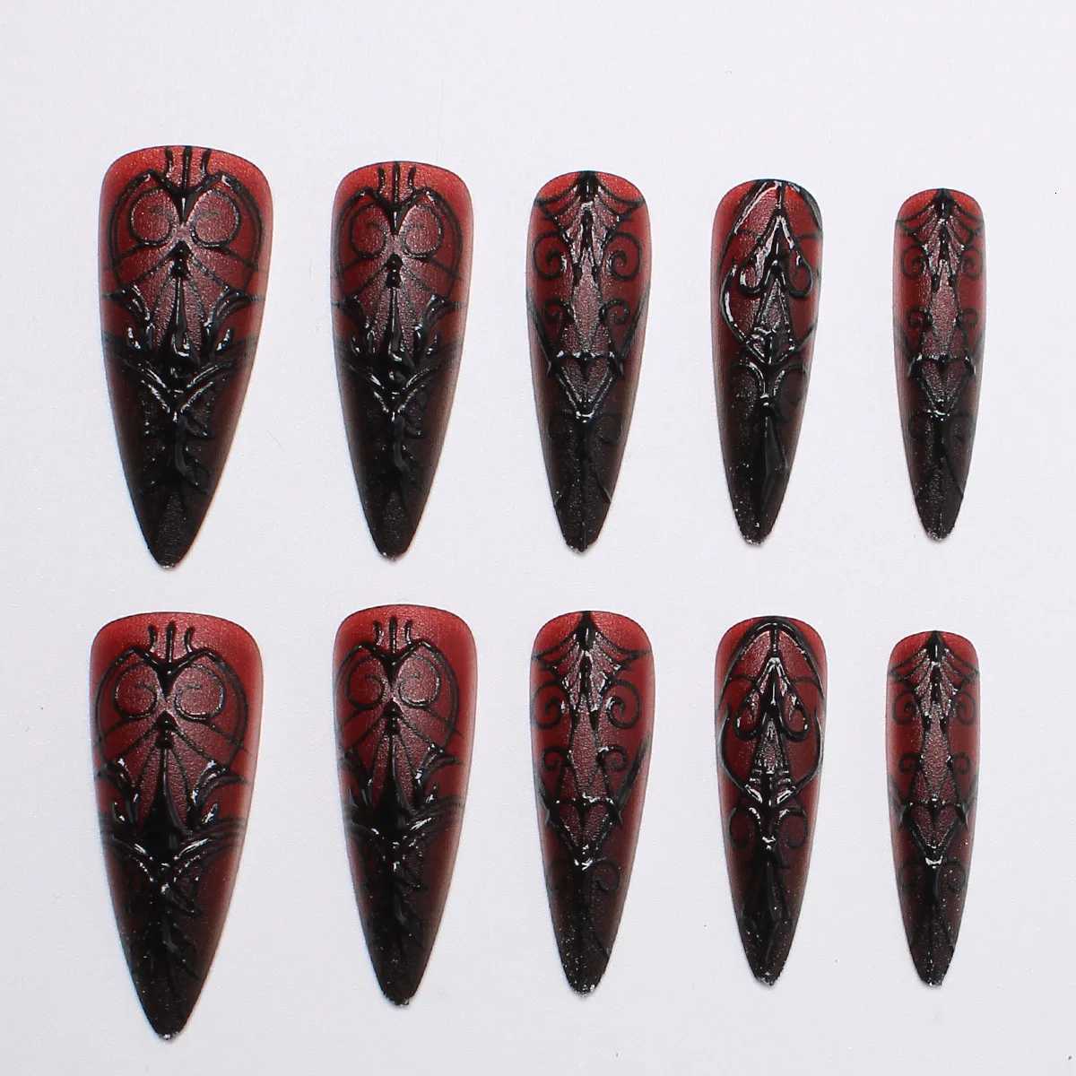 False Nails 24pcs Long Stiletto False Nails Halloween Gradient Red Full Cover Nail Tip Lines Design Fake Nail Wearable Almond Press on Nails Q261017