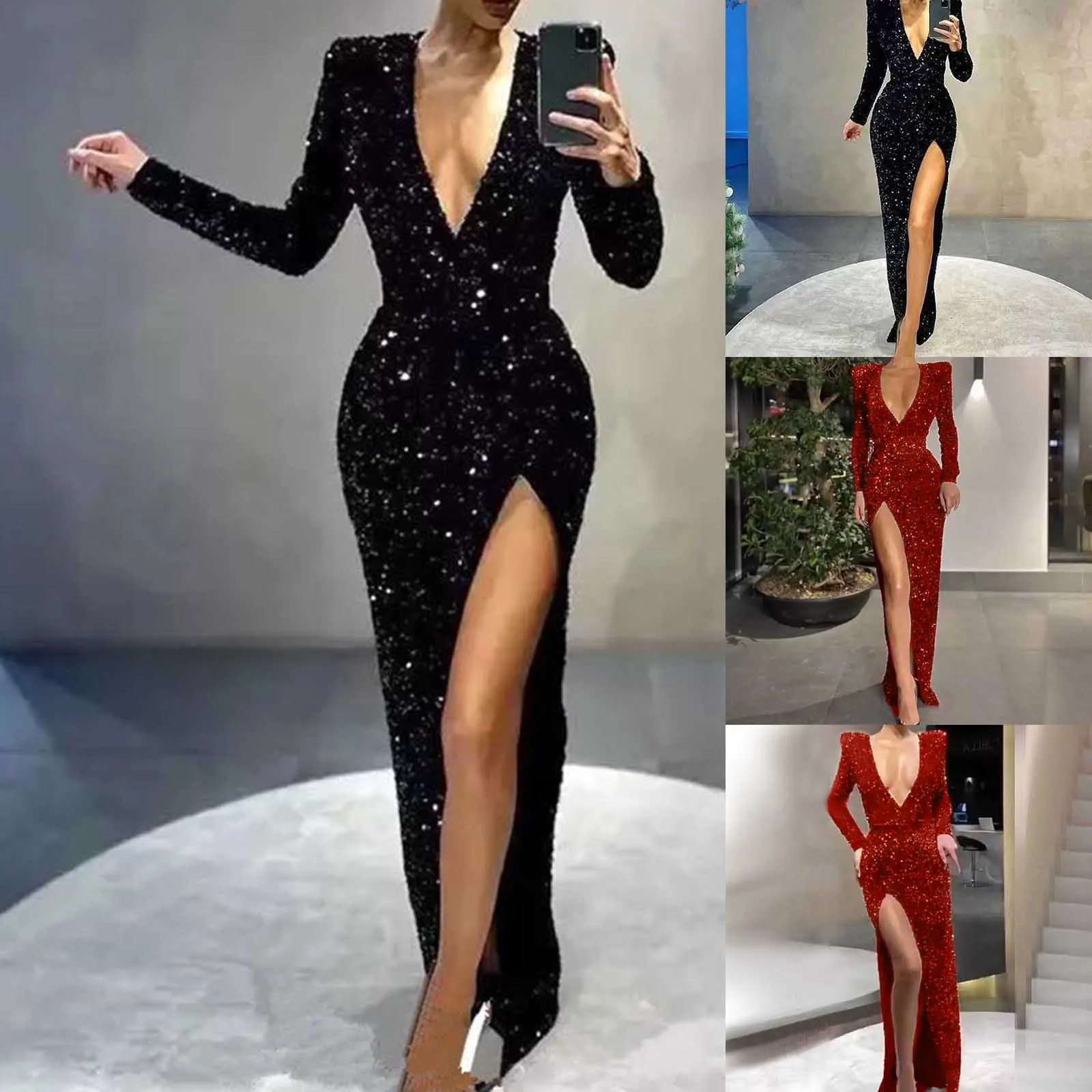 Elegant Cocktail Party Dresses Women Sexy Deep V Long Sleeve Sequins Formal Dress Sparkly Glitter High Waist Split Prom Gowns 261016