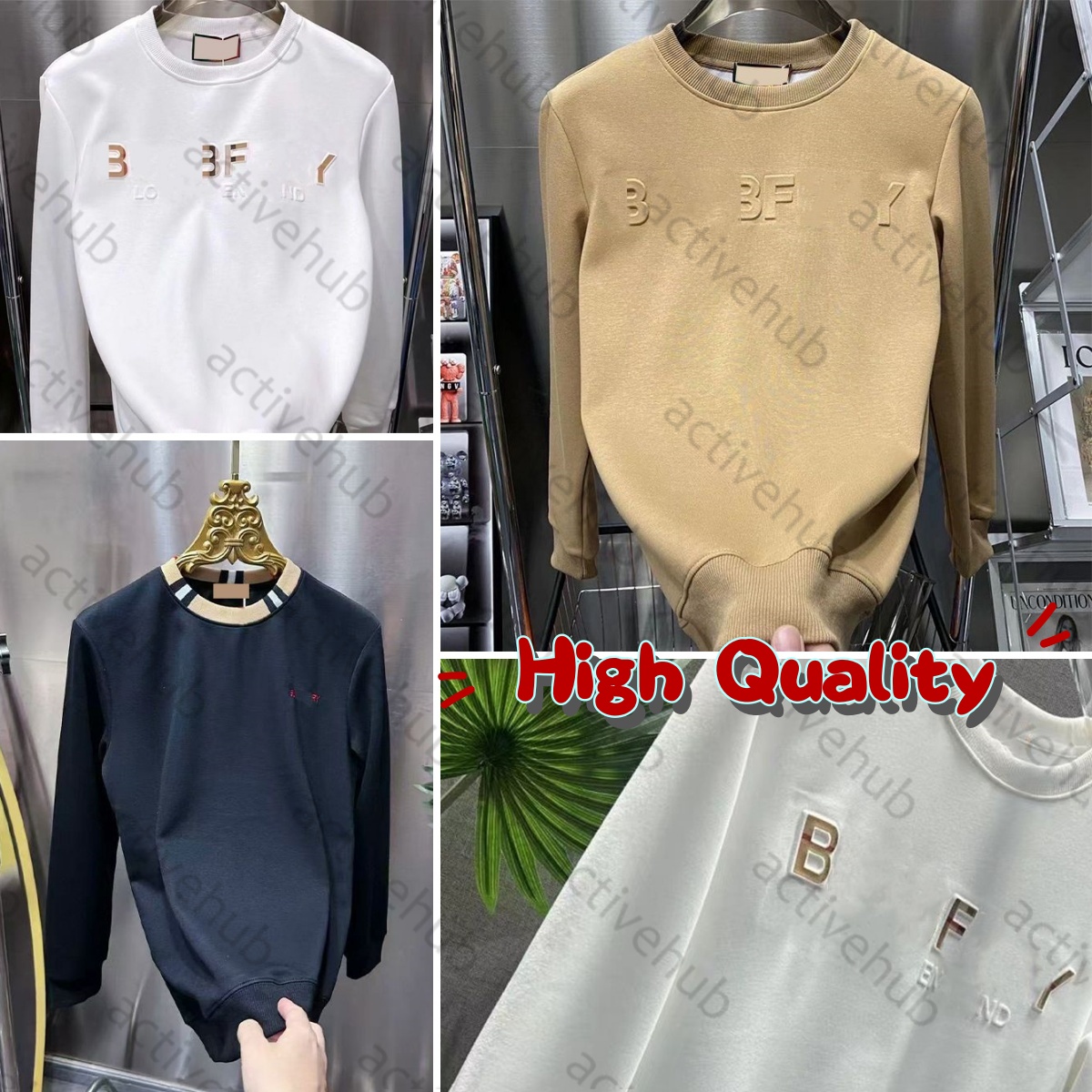 bur hoodies mens designer Mens Sweatshirts Cotton Pullover Sweatshirt with 3D Monogrammed Long Sleeve Jumper Sweat Shirts Black White Khaki hoody me