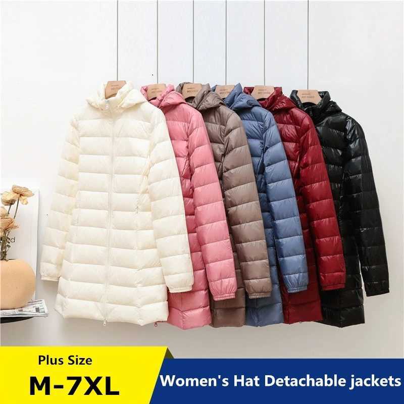 Women's Down Parkas 2023 Women Autumn Winter Ultralight Thin Packable Down Long Jacket Female Hat Detachable Slim Fit Skirt Coat Portable Outwe