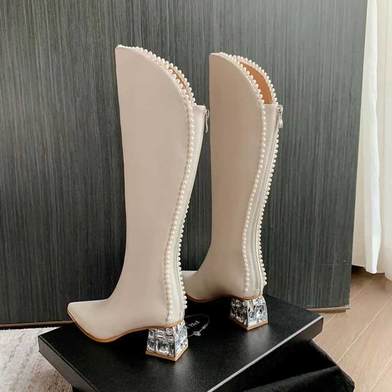 Black White Cowhide Pearl Edge Retro Knee High Boots New Autumn Winter 5.5cm Low Heel Commuting Shopping Fashion Warm Long Boots Q261015