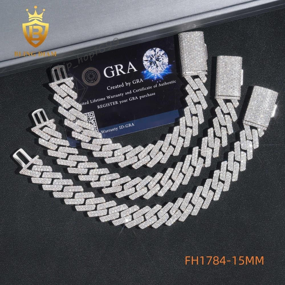 Wholesale 925 Silver VVS Moissanite 14MM 15MM 2Rows Cuban Link Chain Bracelet Iced Out Hip Hop Jewelry Pass Diamond Tester