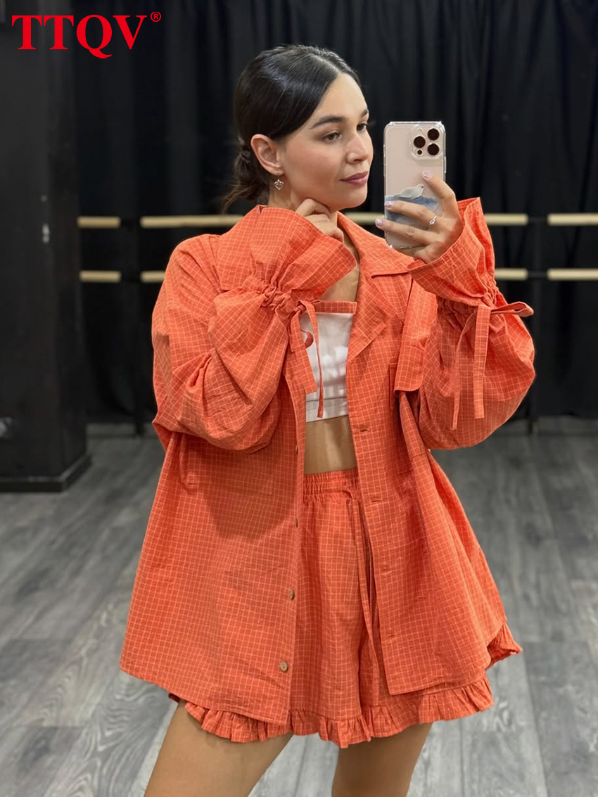 2026 Fashion Loose Plaid Print Women's 2-Piece 2027 Elegant Long Sleeve Shirt With High Waist Shorts Set Female Clothing