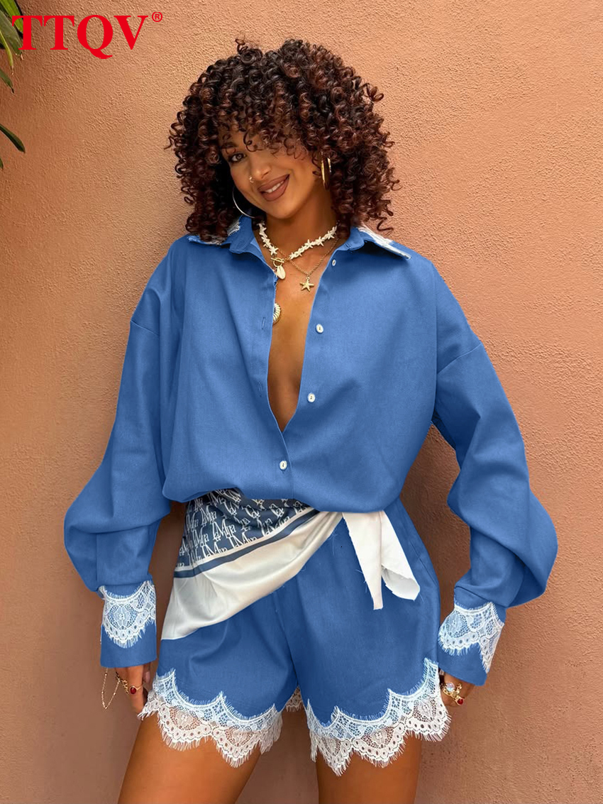 2026 Fashion Loose Blue Cotton Lace Spliced Women 2-Piece Sets 2027 Elegant Long Sleeve Blouse With High Waist Shorts Set Female