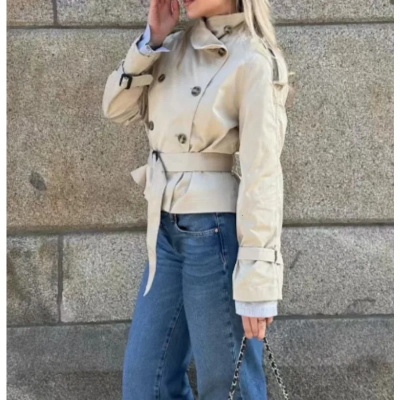 Fashion Double-breasted Waist Cropped Trench Coat Jacket Women Elegant High Neck Long Sleeved Lady Commute Outwear 261015