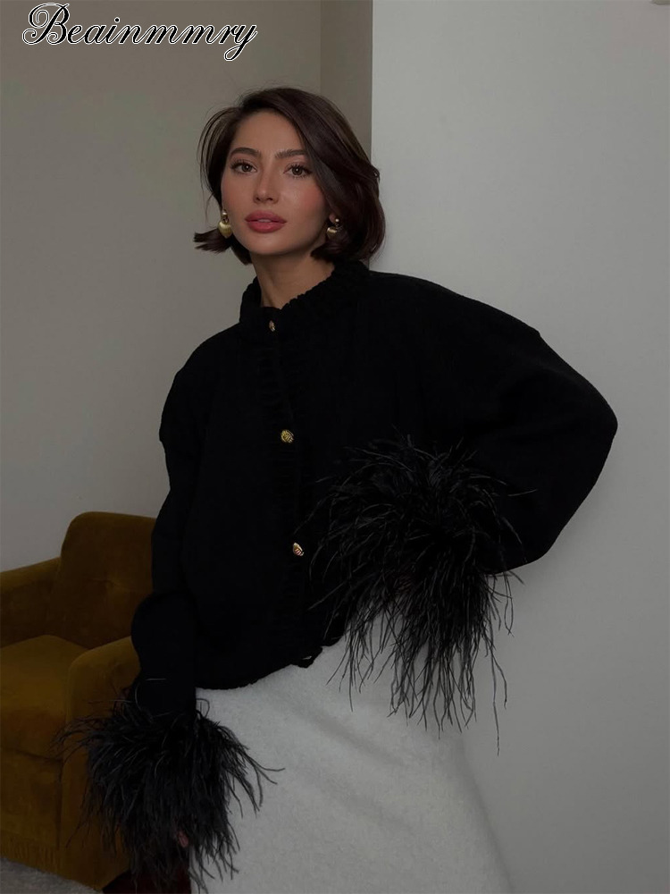 Elegant A-Line Patchwork Knit Cardigan Women Trendy Round Neck Feather Full Sleeve Sweater New Autumn Lady Daily Casual Outwear