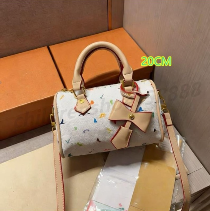 Women Cylinder Barrel Top Handle Handbag, Monogram Print Crossbody Purse, Bow Decor Mini Shoulder Bag with Detachable Strap