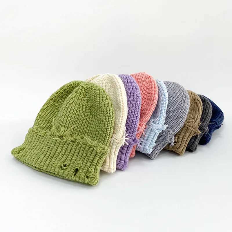 Custom Retro Broken Brim Knitted Hat For Women Men Winter Dilapidated Hole Skullies Beanies Solid Color Hip-Hop Warm Skullcap S261017EDOI