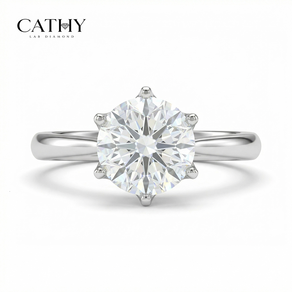 CATHY Hot Sale Customize Round Cut Lab Grown Diamond Tulip Design Ring Yellow/White/Rose Gold Classic HPHT CVD for Engagement