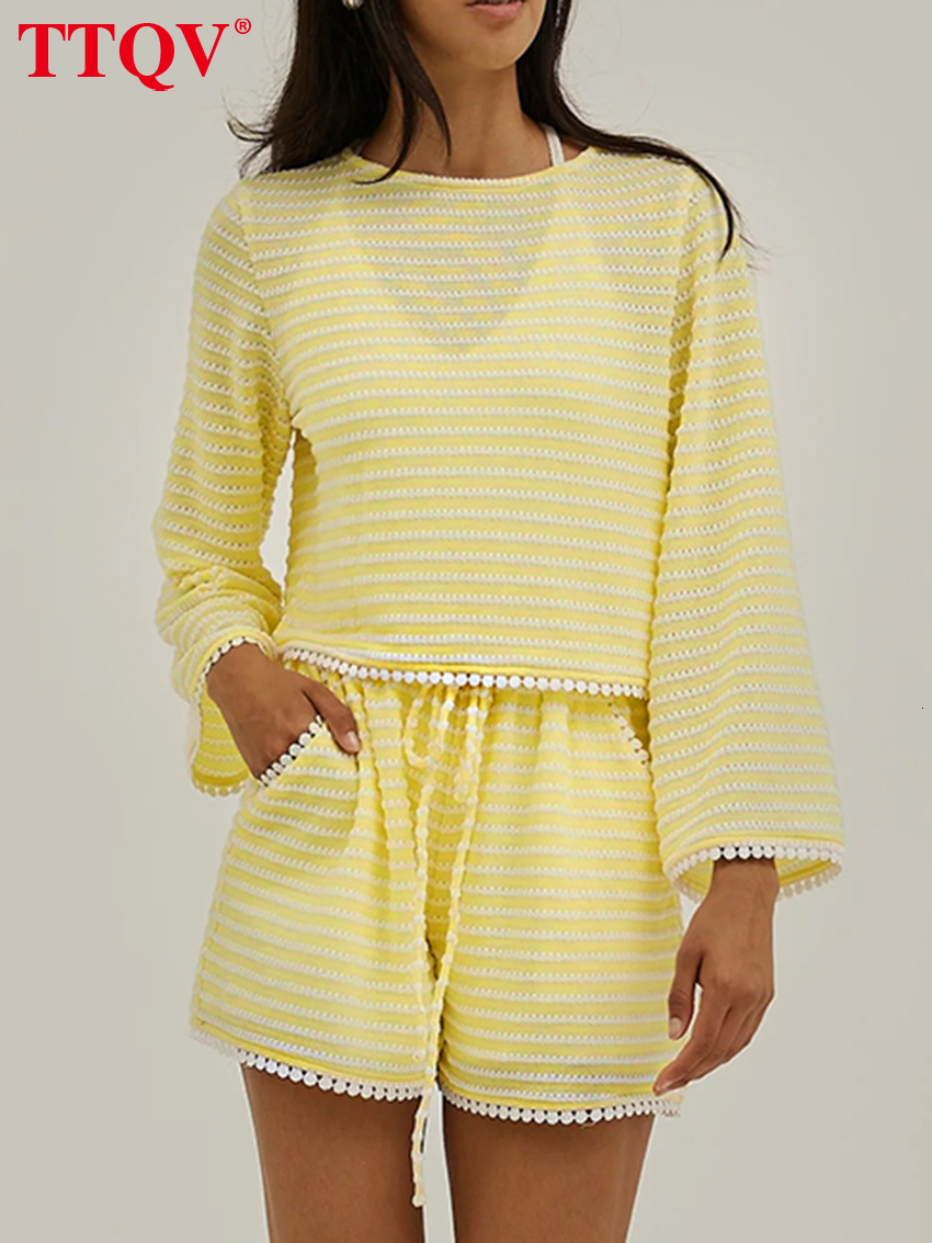 2026 Fashion Loose Yellow 2 Piece Sets Women 2027 Sexy Long Sleeve Shirt With High Waist Shorts Set Female Clothing Streetwear