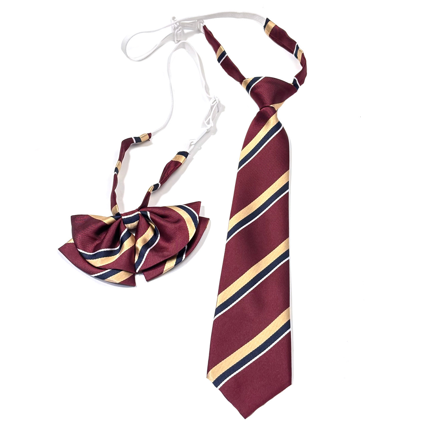 children's versatile college-style red, yellow, and navy blue striped pre-tied student bow tie, girls' class uniform set