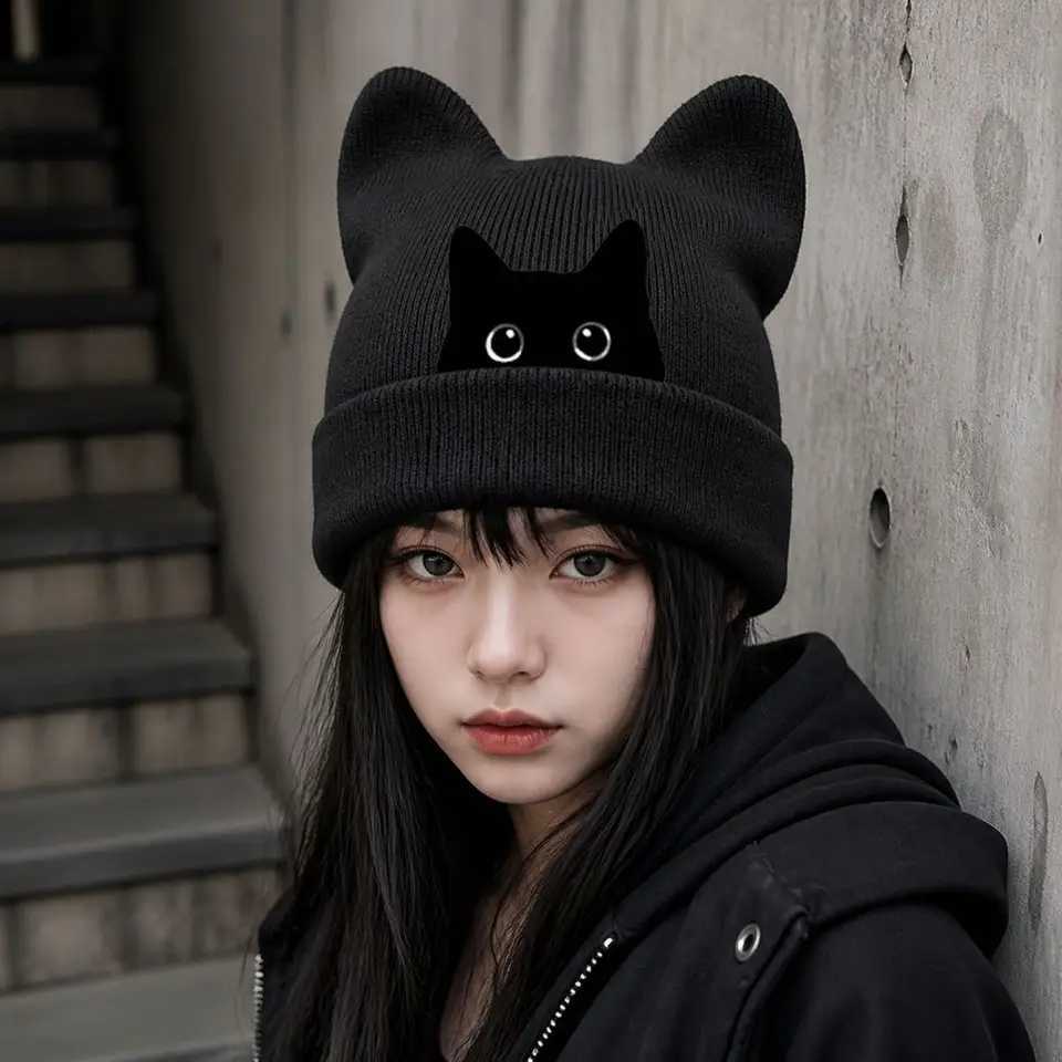 Beanie/Skull Caps Fashion Knit Cat Ear Beanie Hat Y2K Harajuku Stretchable Winter Knit Hat Punk Gothic Pullover Hat WomenT261017