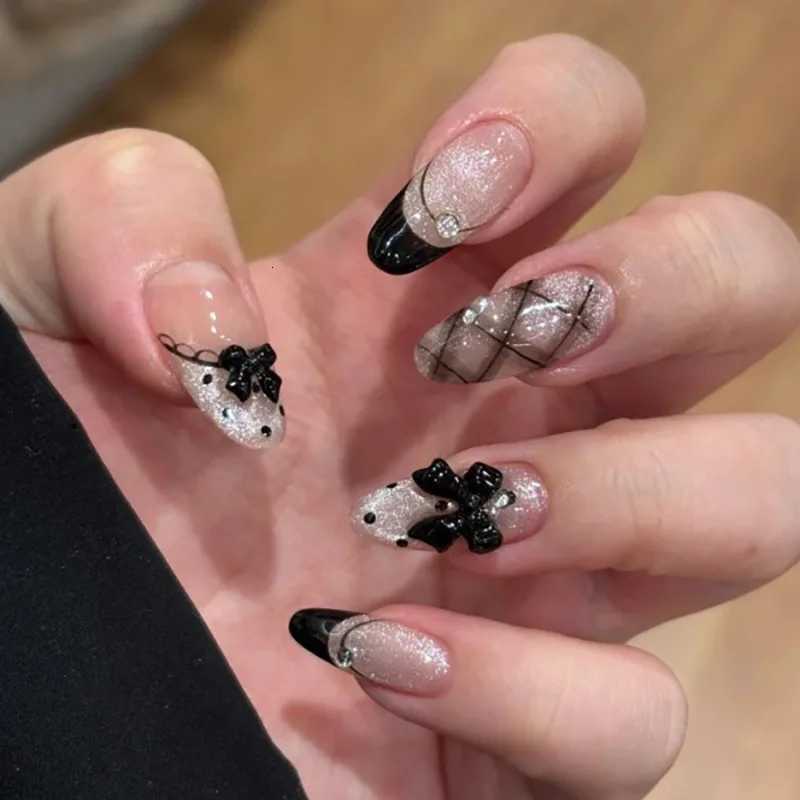 False Nails 24pcs Gothic Style Black Bowknots Press On Nails Y2k Sweet Cool Cat's Eye False Nails French Style Almond Ballet Fake Nail Tips Q26