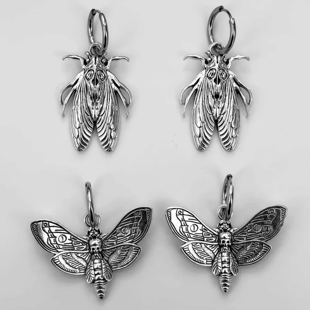 Hip-hop Punk Ancient Silver Skeleton Moth Butterfly Skull Head Pendant Dangle Earrings for Men Women Retro Fashion Jewelry Gifts261016