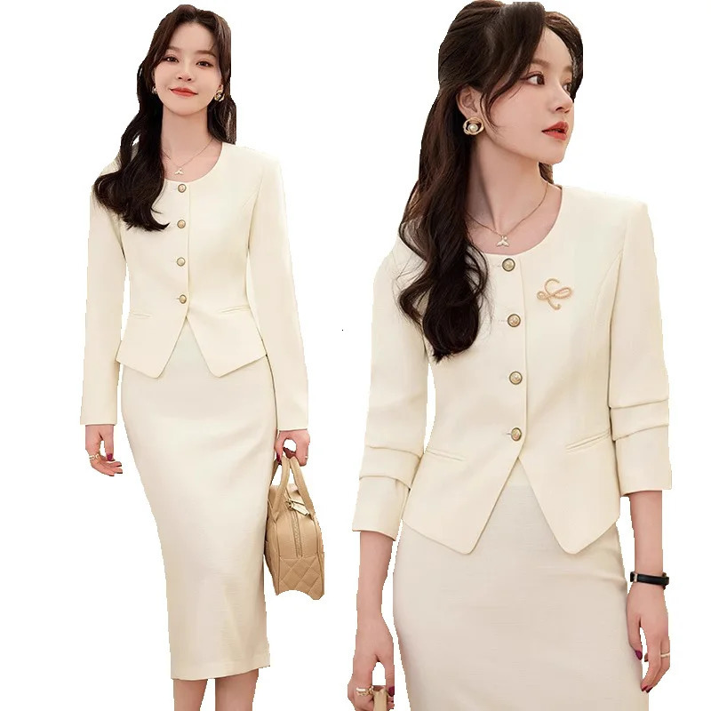 Spring Summer Long Sleeve Women Business Work Wear Suits with Skirt and Tops Formal Professional Office OL Styles Dress Sets 261015