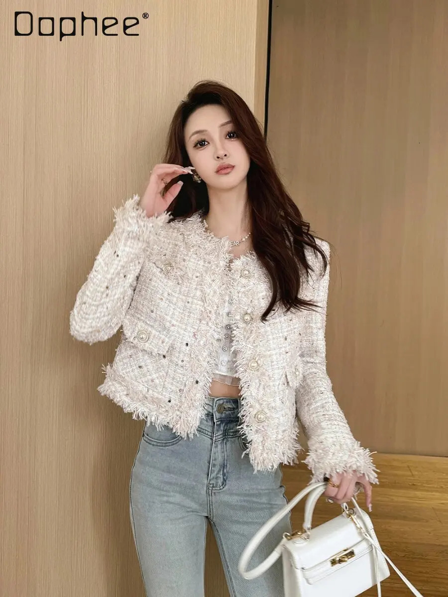 Spring Autumn White Tweed Jacket High-end Temperament Fashion Rough Edge Single-breasted Loose Slim Short Coat for Women 261015