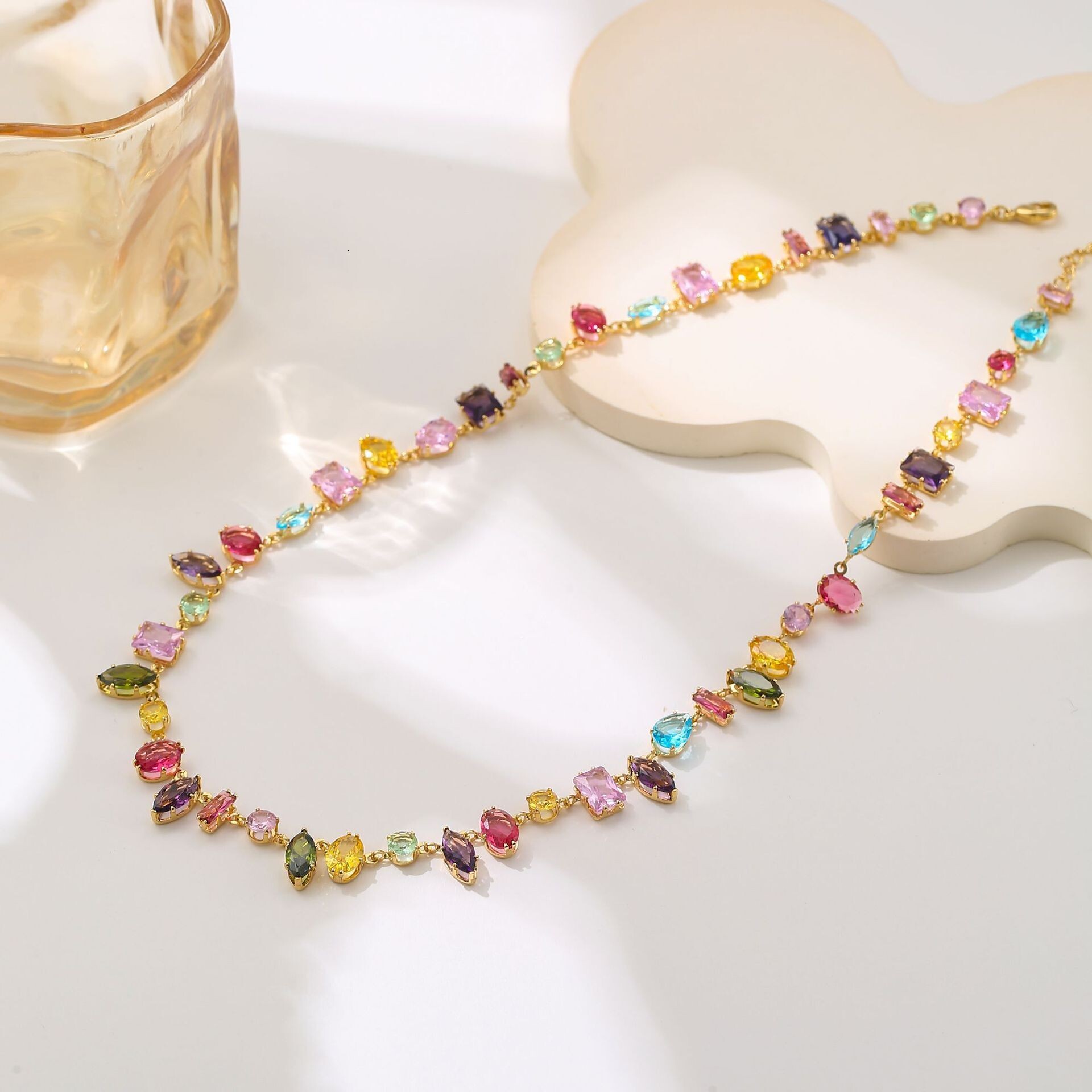 New European American Style Light Luxury Colorful Zircon Necklace For Women, Niche Design Collarbone Chain, Versatile And Fashionable Pendant