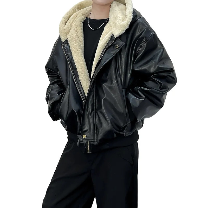 Men's Luxry Faux Fur Jacket Winter Thick Warm Hooded Leather Parkas Thermal Revisable Overcoat Fashion Loose Fit Outerwear 261012