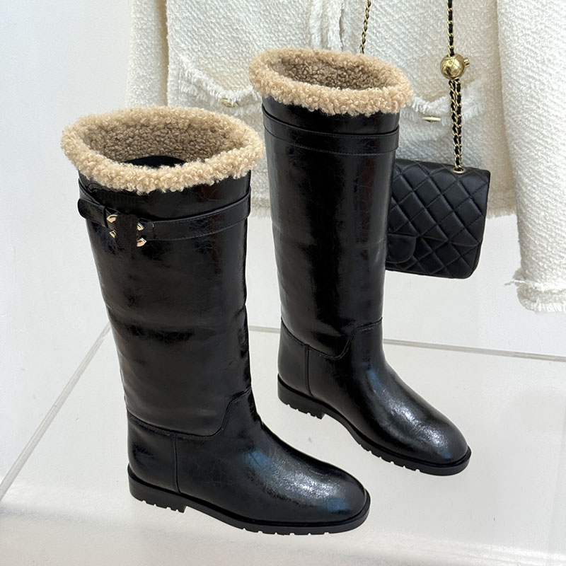 Women Chunky Heels Knee Boots Designer Cowhide Suede Fur Outdoor Leisure Shoes With Dust Bags Casual Shoes Vintage Black 26ss Lady Luxury Western Sn
