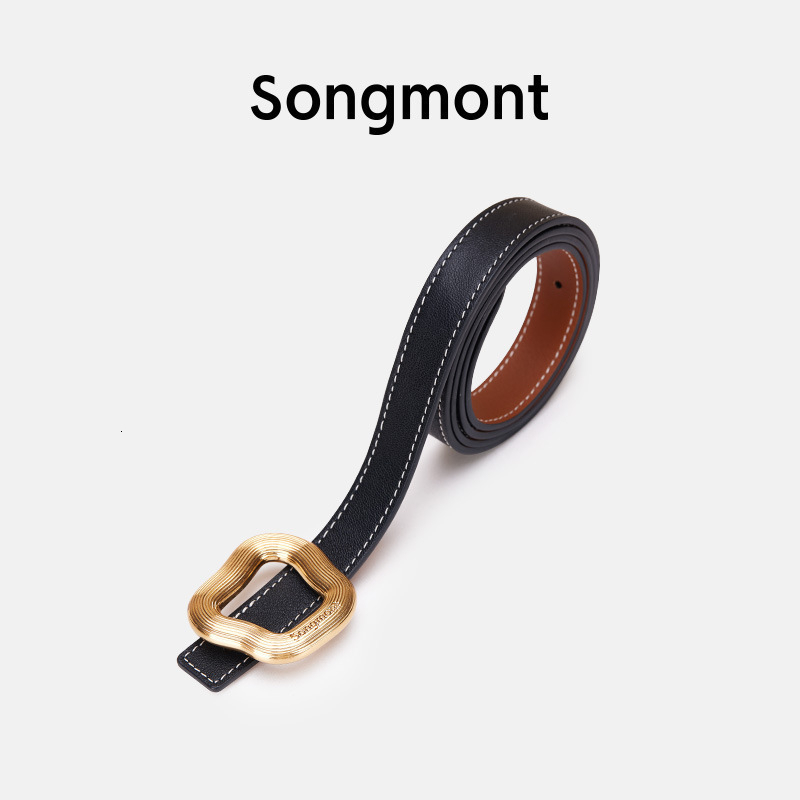 Designer Womens Genuine Leather Belt Irregular Wave Gold Buckle Double Sided Slim Waist Belt For Dresses Pants Jeans Decor Waistband Fashion Accesso