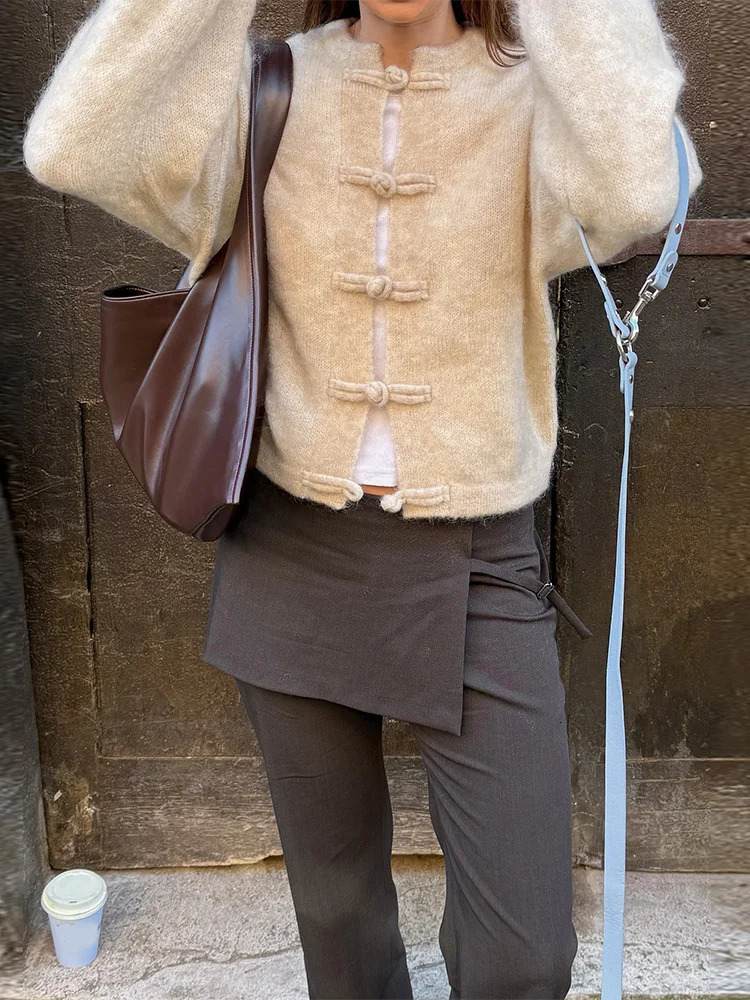 Frog Buttons Loose Lantern Sleeve Womens Cardigan Round Neck Cropped Length Drop Shoulder Cardigan 2026 Daily Street Jackets 261016