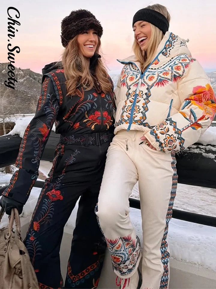 Flower Printed Womens Ski Jumpsuits Zippers Stand Collar Waistclosed Pocket Lady Rompers 2026 Autumn Winter Female Ski Wear 261016