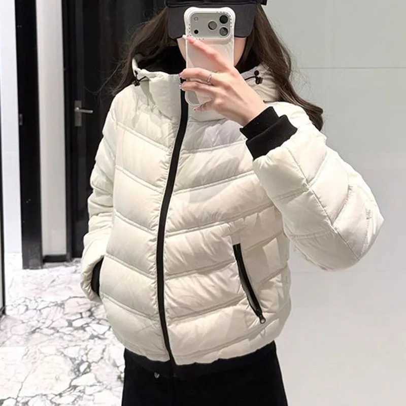 Women's Down Parkas Women's Lightweight Warm Down Cotton Outerwear Korean Fashion Stand Collar Hooded Cotton Jacket Long Sleeve Zipper Spo