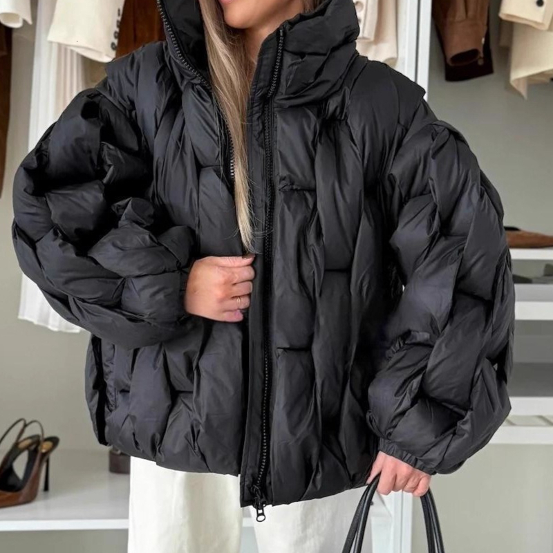 Cotton Quilted Check Female Jacket Long Sleeve Loose Stand Collar Fashion Solid Casual Street Outwear 2026 Autumn Winter
