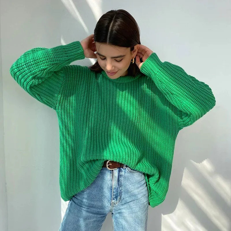 2026 Womens Sweater Autumn and Winter Loose Round Neck Solid Color Long Sleeves 261017