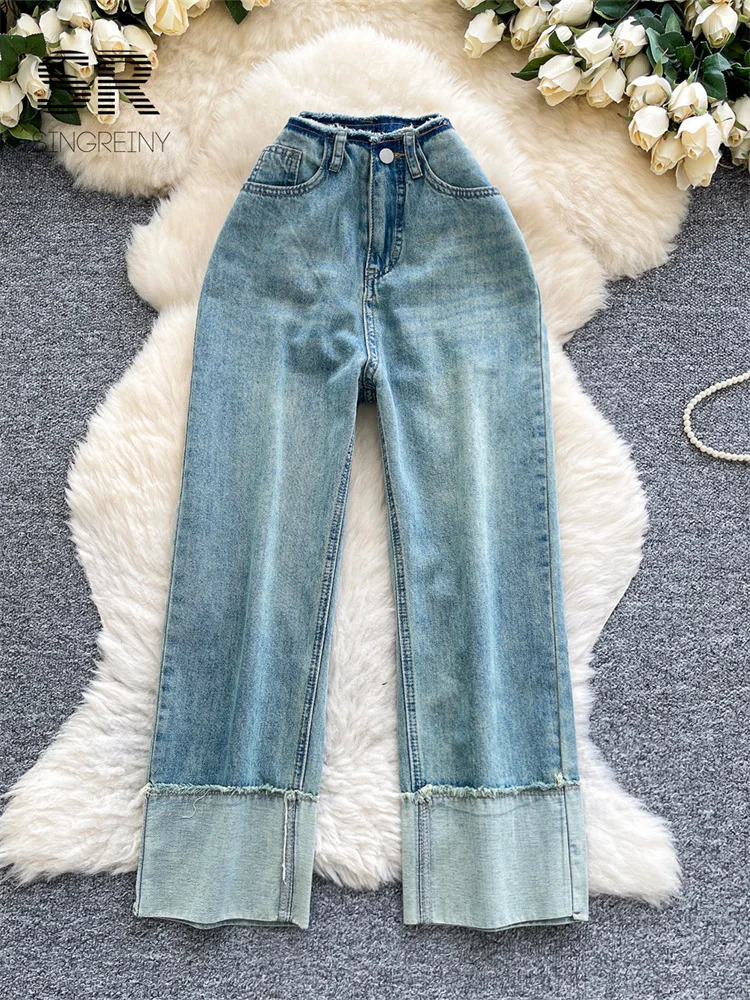 SINGREINY Korean Style Fashion Denim Trousers Autumn 2025 High Waist Basics Splice Casual Long Pants Simple Vintage Washed Jeans 260911