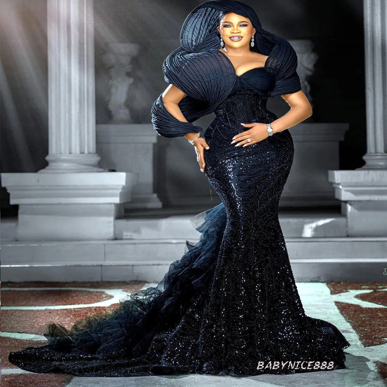 Aso Ebi Stylish Black Mermaid Prom Dress Sequined Lace Evening Formal Party Second Reception 50th Birthday Engagement Gowns Robe De Soiree